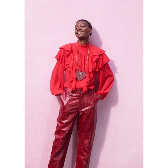 GiAMBATTiSTA VALLi x HM Red Silk Chiffon Blouse Sheer Cascade Ruffle Long Sleeve - Picture 1 of 10